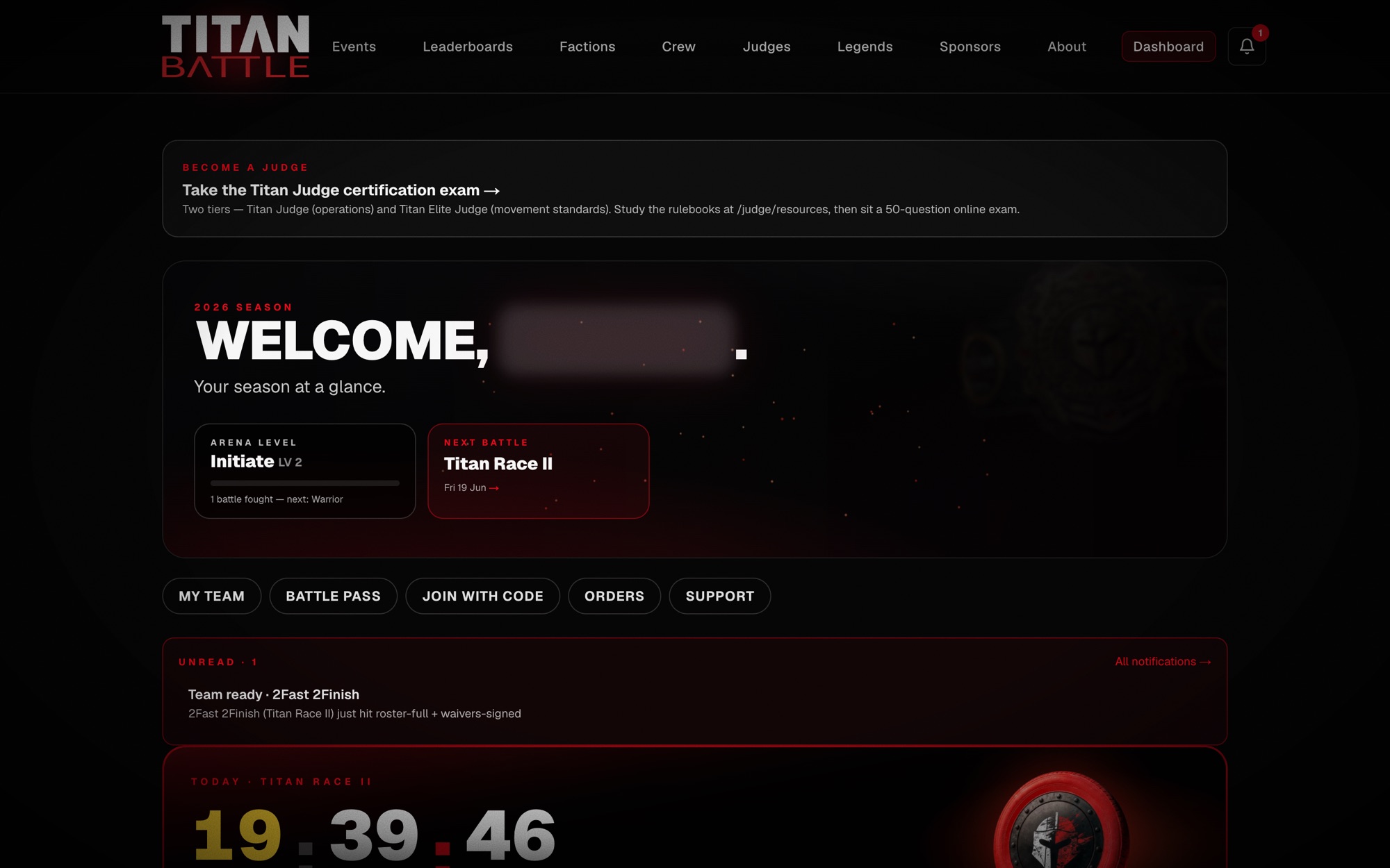 TITAN BATTLE — The athlete dashboard — season, team and battle pass at a glance